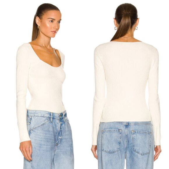 Frame Long Sleeve Top Rib Knit Fitted Scooped Square Neckline Size Small In Bone - Picture 2 of 10